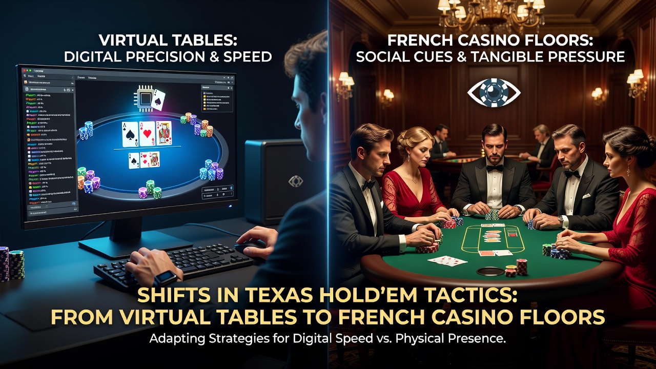 Live Texas Hold'em action at a French casino table with dealers, players, and traditional felt layout highlighting the social and physical elements absent in virtual play