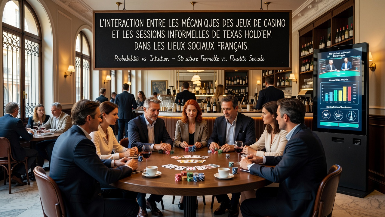 Informal Texas Hold'em game in a French cafe setting with players discussing hands